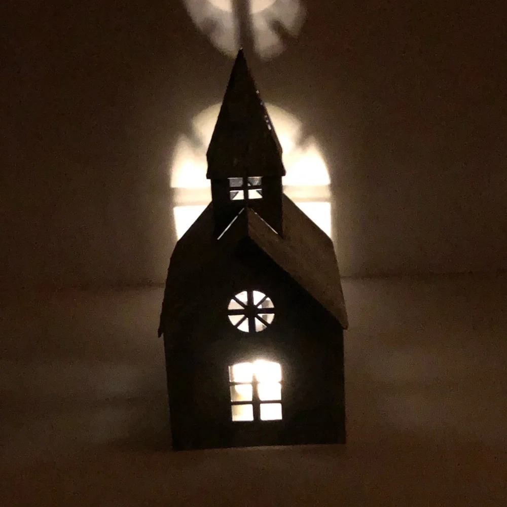 Metal Pre-Lit Church/Chapel Votive Holder in Distressed Galvanized Gray, EUC